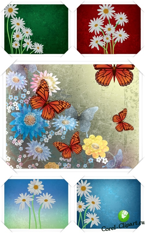 Абстрактные цветочные фоны с ромашками и бабочками в векторе