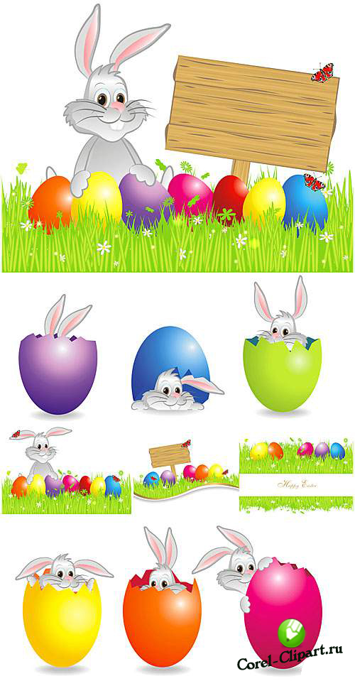 Нарисованный пасхальный кролик с яйцами в векторе