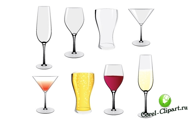 Стеклянные стаканы и бокалы в векторе