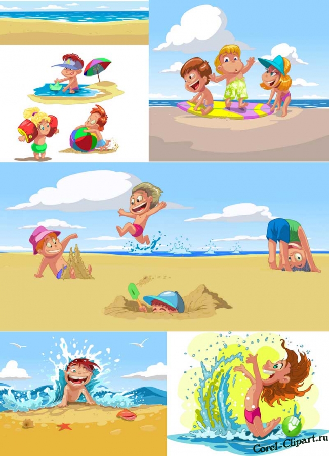 Дети на морском пляже в векторе