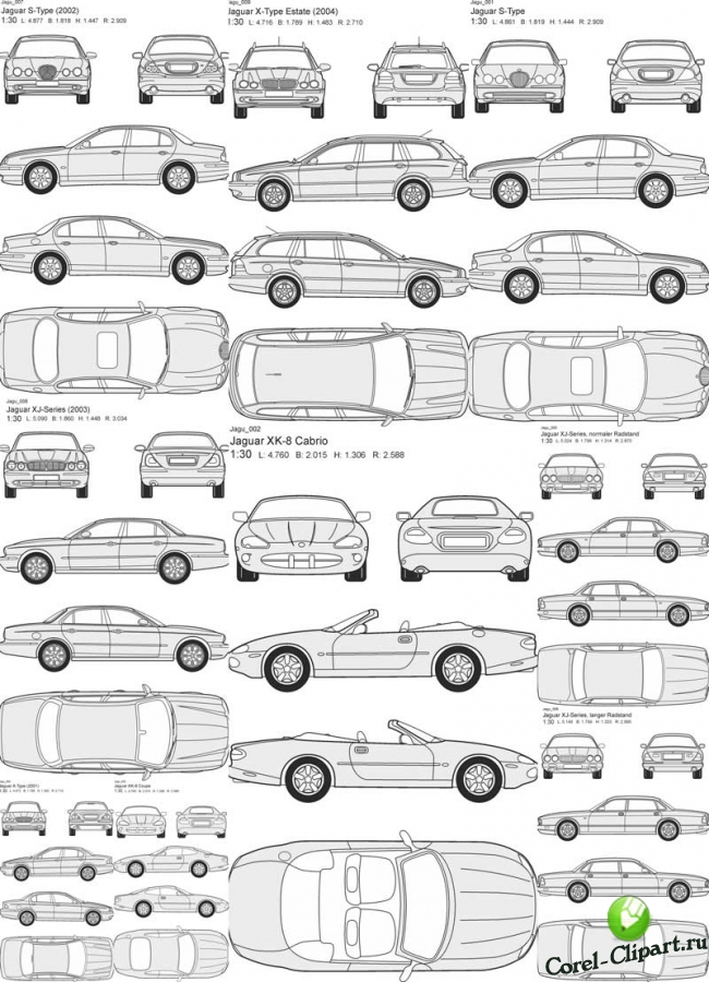Машины Jaguar - векторные отрисовки в масштабе